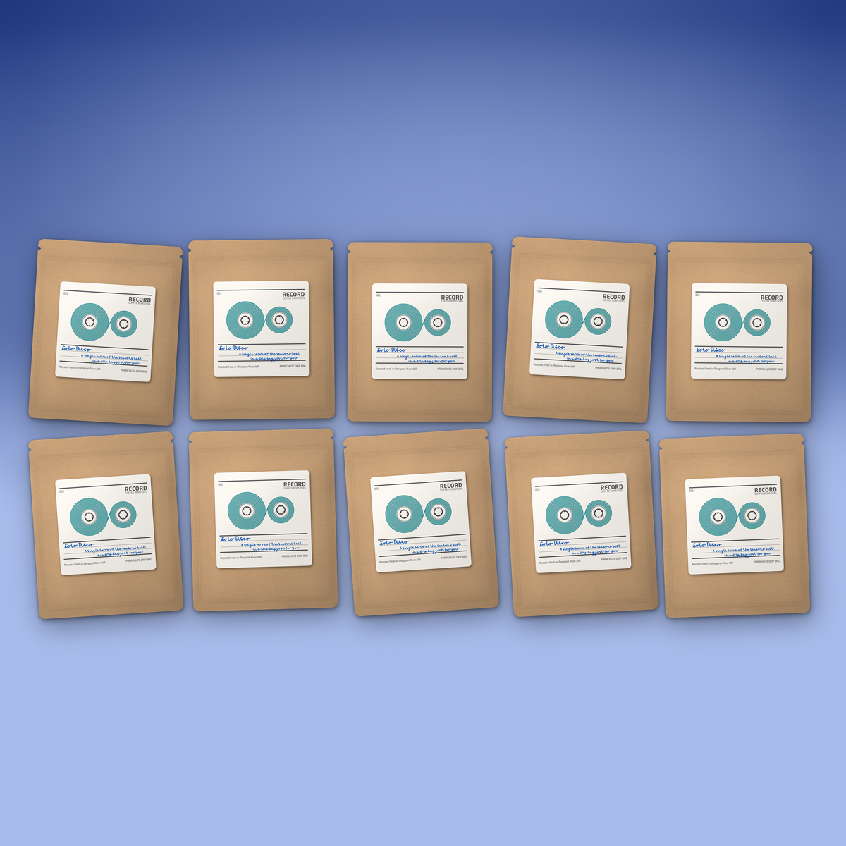 Ten Solo Disco drip bags in kraft pouches laid out in two rows