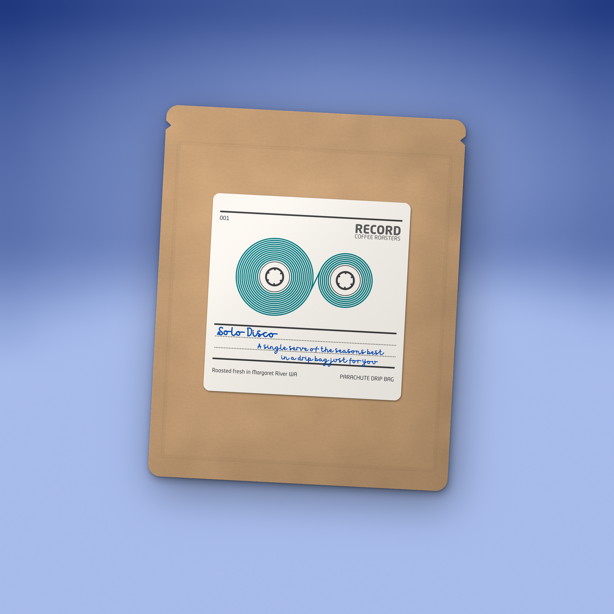 Solo Disco drip bag in a kraft pouch with the Record Coffee label